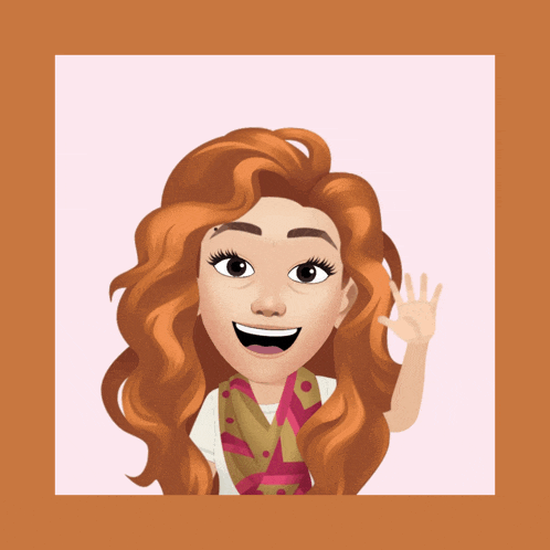 a cartoon of a woman with red hair and a scarf waving