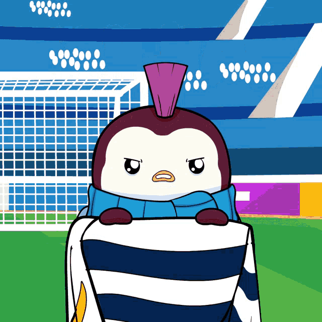 a cartoon of a penguin wearing a scarf and a mohawk