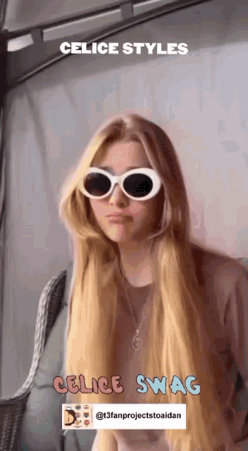 a woman wearing sunglasses with the words celice styles written on the bottom