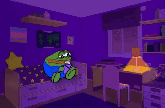 a cartoon frog is sitting on a bed in a purple bedroom