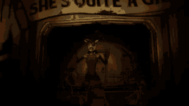 a sign that says she 's quite a girl is behind a cartoon character