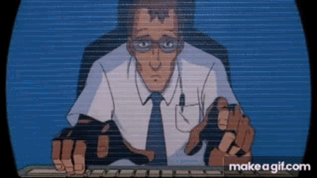 a cartoon of a man sitting in front of a computer screen that says make a gif.com on it