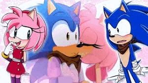 amy rose and sonic the hedgehog are standing next to each other in a cartoon .