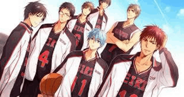 a group of anime basketball players are standing next to each other .