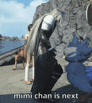 a video game character is standing next to a bird and says mimi chan is next