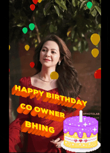 a woman in a red dress is surrounded by balloons and the words happy birthday co owner b hing