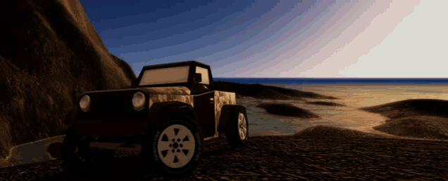 a jeep is parked on a beach near the ocean