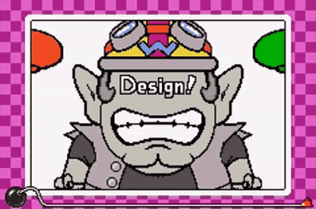 a pixel art drawing of a monster with the word design on his head