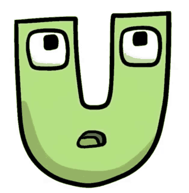 a cartoon drawing of a green letter u with a face on it .