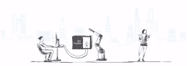 a drawing of a man sitting at a desk with a robotic arm and a woman standing next to a robotic arm