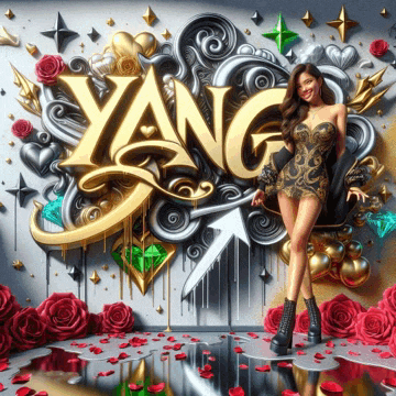 a woman in a dress stands in front of a wall with the word yang on it