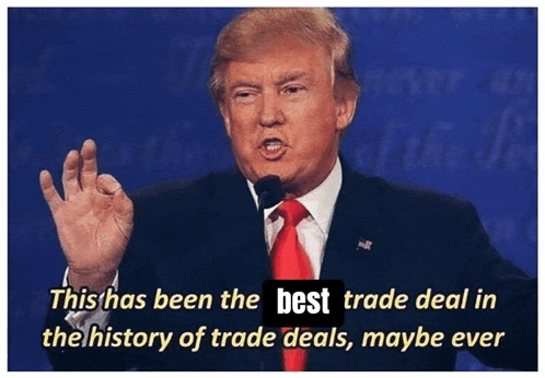 donald trump is giving a speech with the words " this has been the best trade deal in the history of trade deals maybe ever "