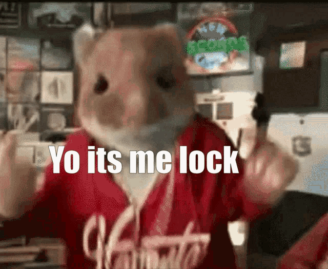 a hamster is wearing a red shirt that says ' yo its me lock '