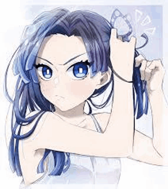 a girl with blue hair is tying her hair with a butterfly in her hair .