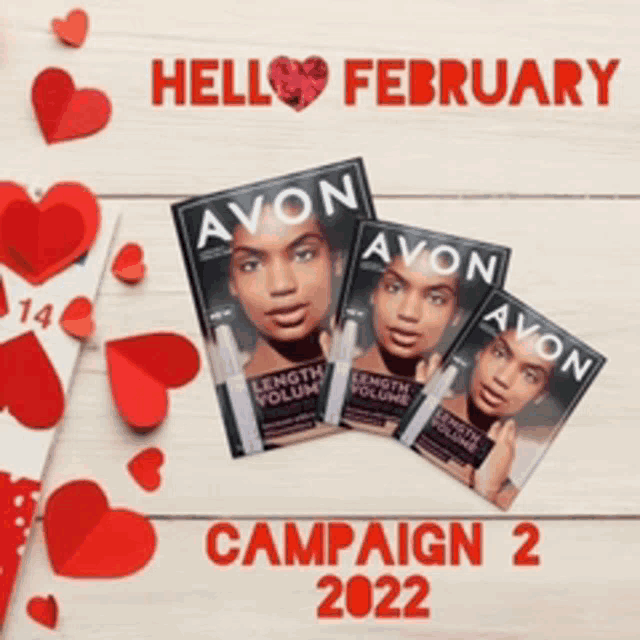 three avon magazines are sitting on a wooden table surrounded by hearts