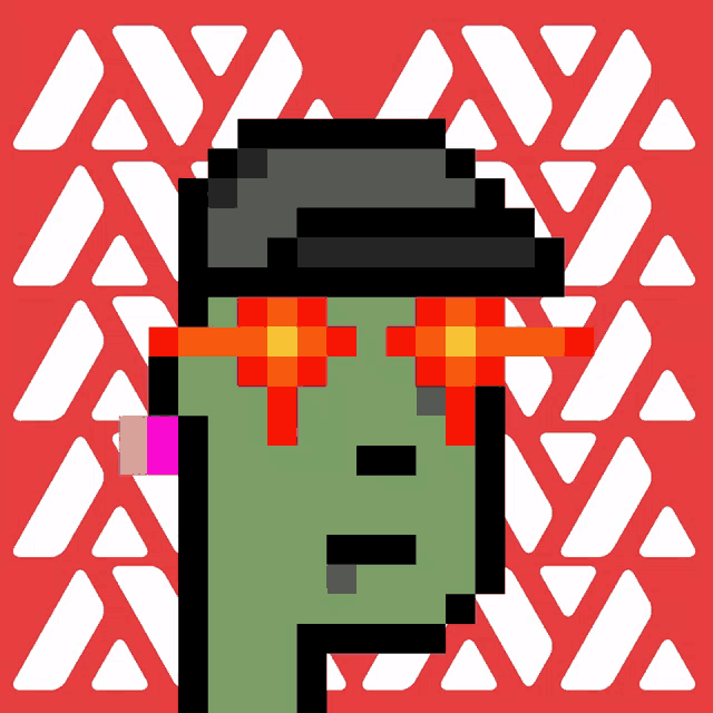 a pixel art of a person wearing sunglasses and a hat on a red background