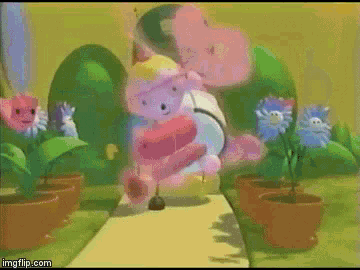 a purple teddy bear is holding a microphone in a cartoon scene ..
