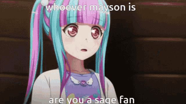 a girl with blue and pink hair is being called a sage fan