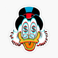 a sticker of a duck with dollar signs in his eyes