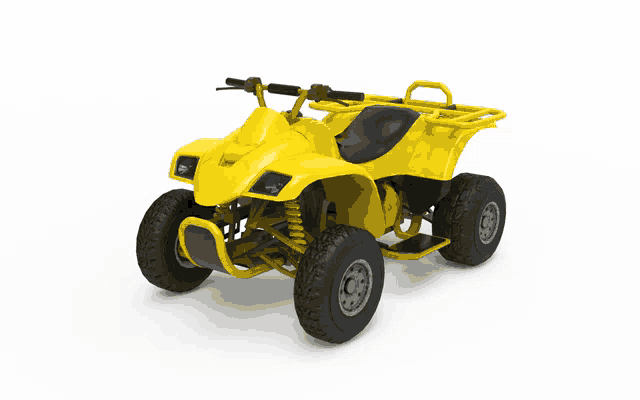 a yellow atv on a white background with black tires