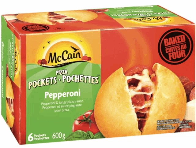 a box of mccain pizza pockets pousettes pepperoni