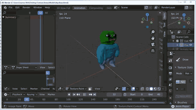 a computer screen shows a 3d model of a person with a green hat