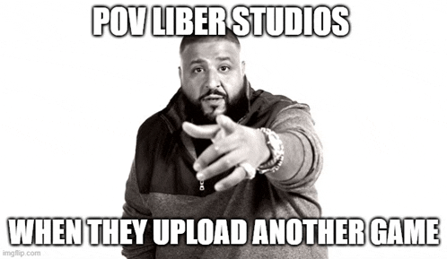 a black and white photo of a man pointing at the camera with a caption that says pov liber studios when they upload another game