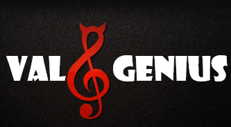 a logo for val & genius has a treble clef and devil horns