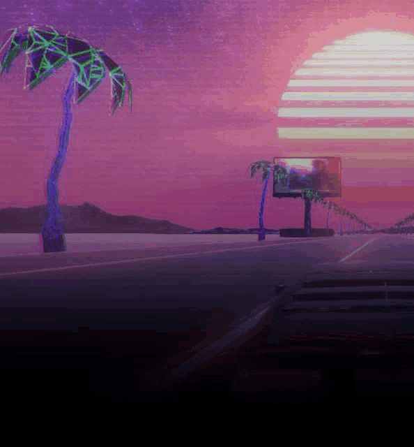 a purple sunset with palm trees and a billboard