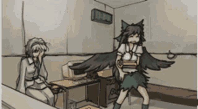 a cartoon drawing of a girl with wings and a sign that says emergency exit