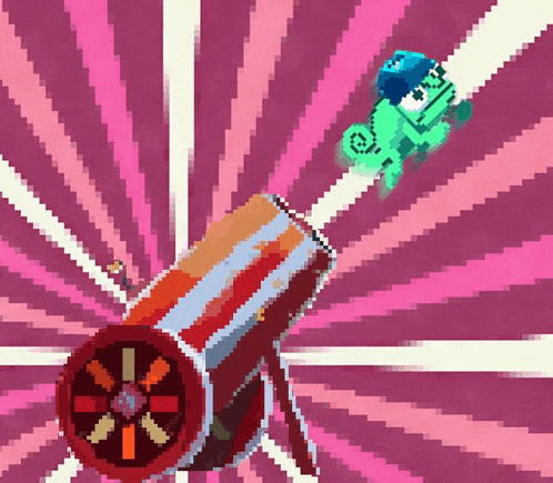 a pixel art of a chameleon flying over a red object