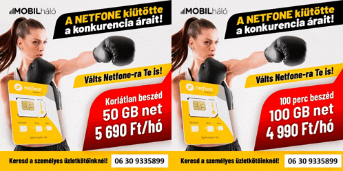 an ad for netfone shows a woman with boxing gloves on