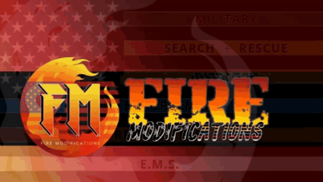 a logo for fm fire modifications is displayed on an american flag background