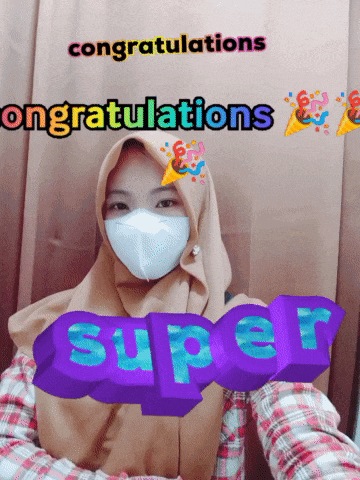 a woman wearing a face mask with the words congratulations super above her
