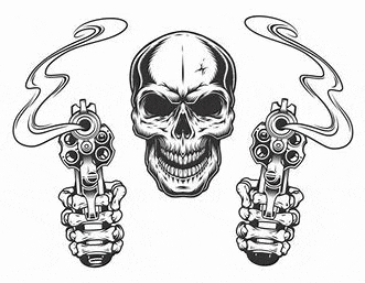 a black and white drawing of a skull holding two revolvers .