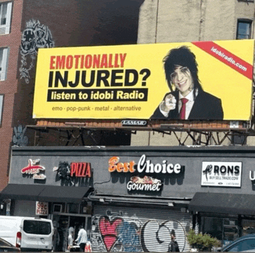 a billboard that says " emotionally injured listen to idobi radio "