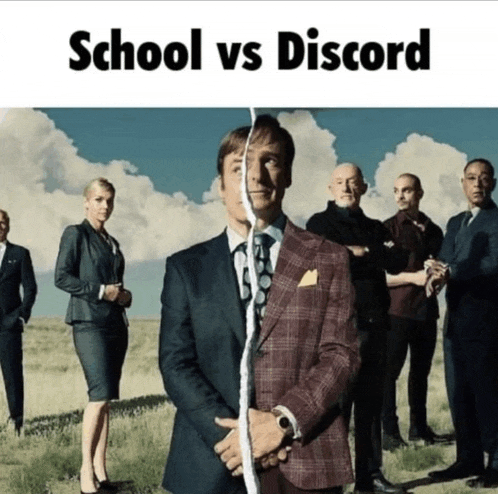 a group of people standing next to each other with the words " school vs discord " above them