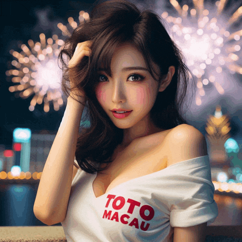 a woman wearing a toto macau shirt stands in front of a fireworks display