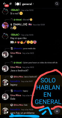 a screenshot of a chat with the words solo hablan en general visible