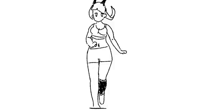 a black and white drawing of a woman walking on a white background .