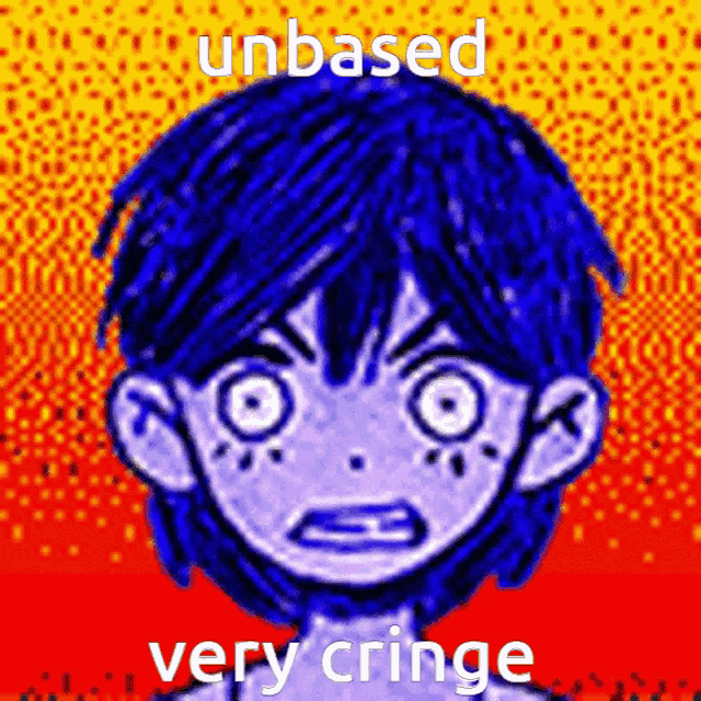 a cartoon of a boy with blue hair and the words unbased very cringe below it