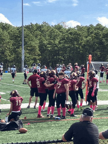 a group of football players on a field one of whom has the number 7 on his back