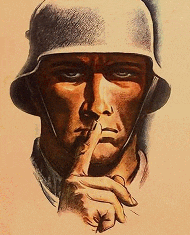 a drawing of a soldier with his finger to his lips