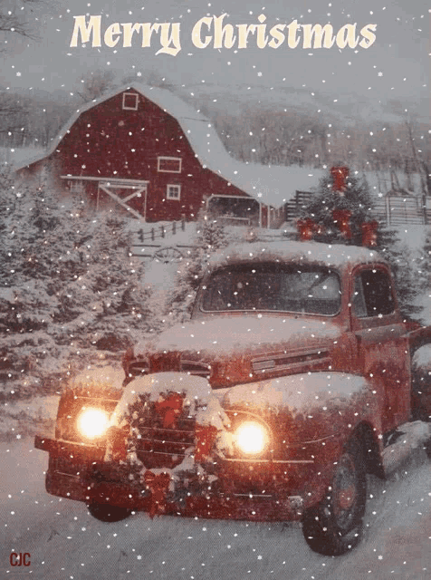 a red truck with a christmas tree on top of it and the words merry christmas above it