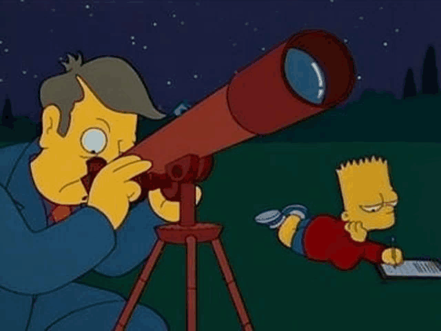 a man is looking through a telescope at bart simpson while bart simpson lays on the ground .