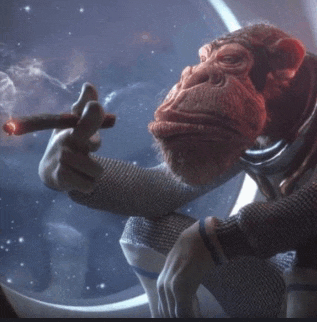 a chimpanzee is smoking a cigar in outer space