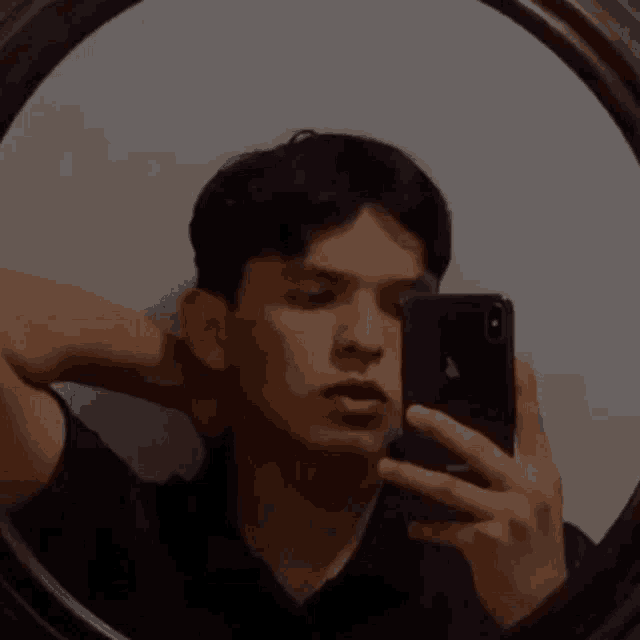 a man taking a picture of himself in a mirror with an iphone