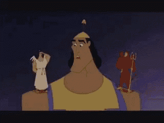 a cartoon character from the emperor 's new groove standing next to a devil and an angel .