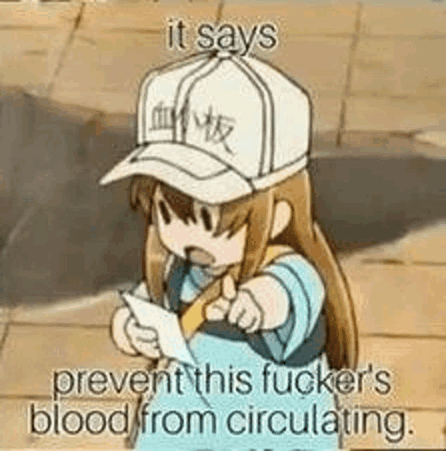 a girl in a baseball cap is holding a piece of paper and says `` it says prevent this fuckers blood from circulating . ''