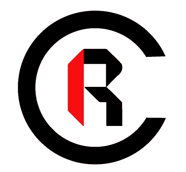 a black circle with a red letter r in it